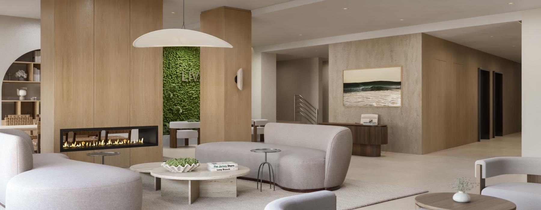 a spacious room with a fire place and sofas