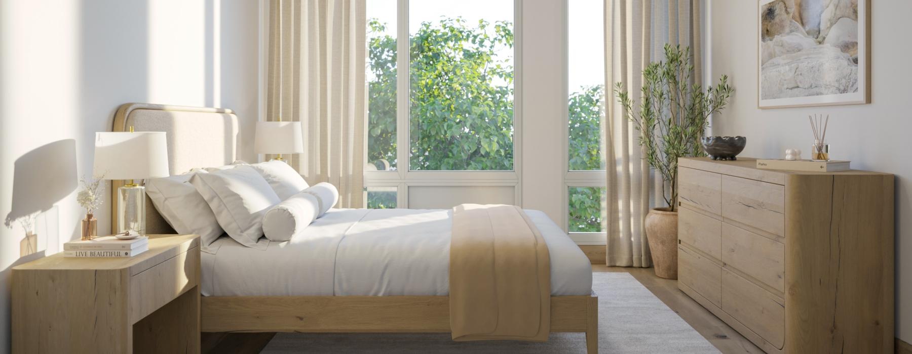 a bedroom with a large window