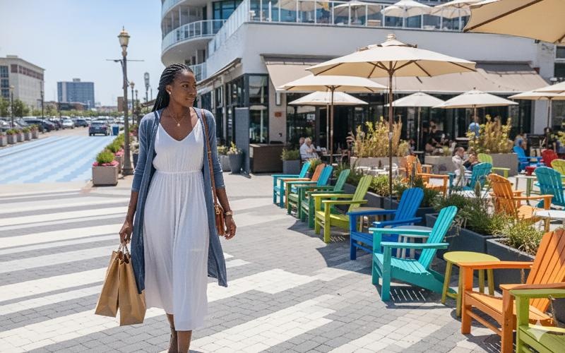a person standing on a sidewalk near Adirondack chairs and shopping and dining venues