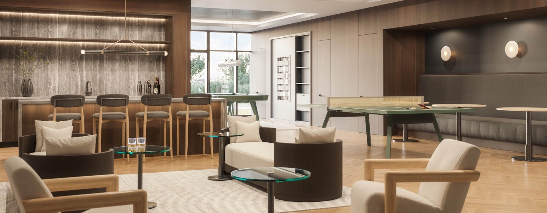 a large room with a table and chairs