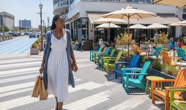 a person standing on a sidewalk near Adirondack chairs and shopping and dining venues