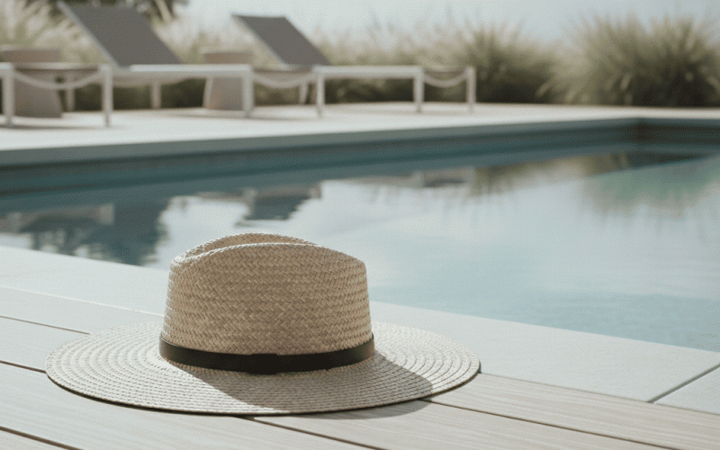a sun hat beside a pool