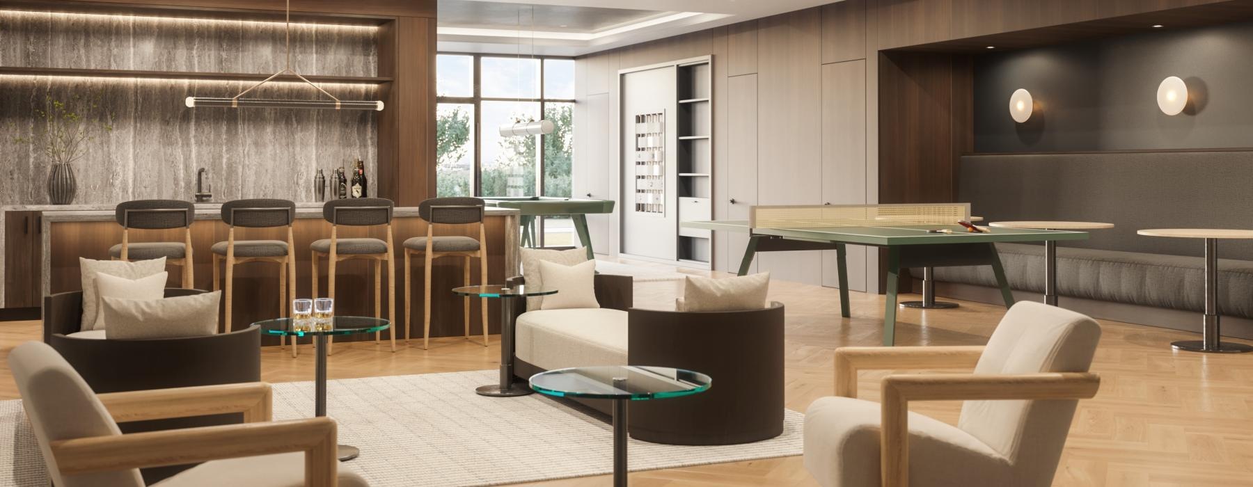 a large clubroom with a kitchen and a lounge