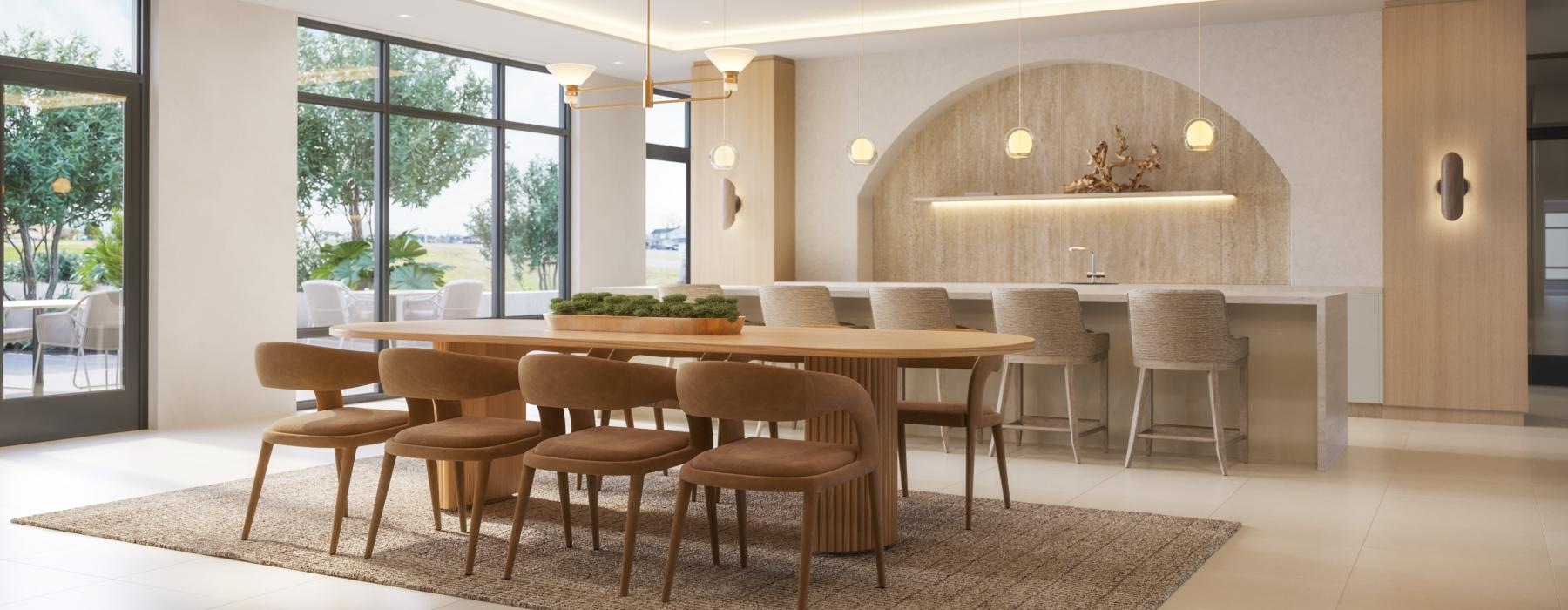 a large room with a table and chairs